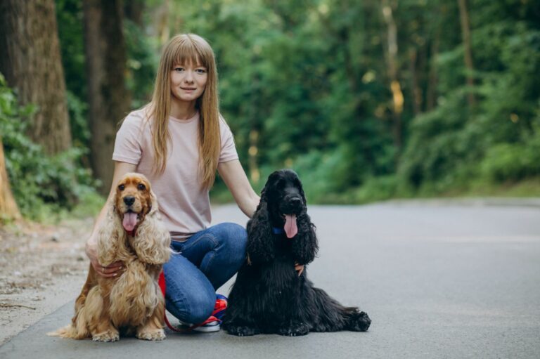 Femme assise avec deux Cocker Spaniels en forêt