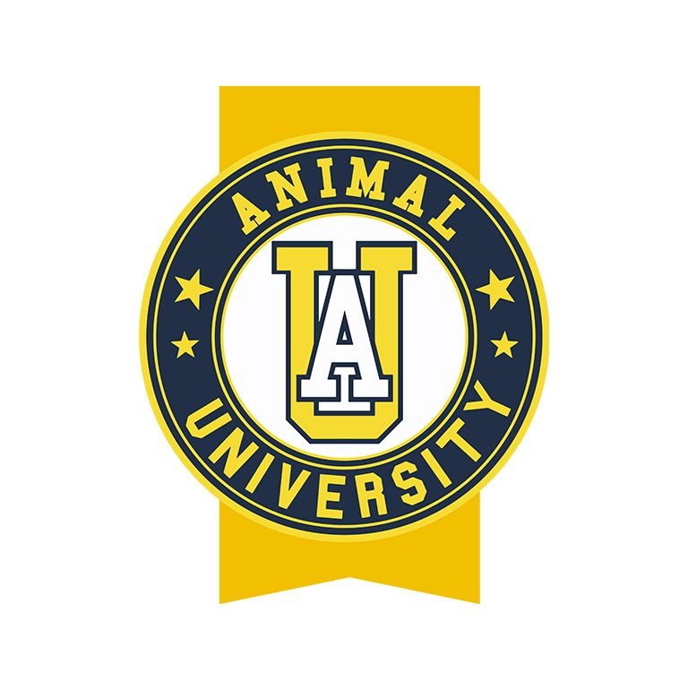 Logo Animal University avec emblème en jaune et bleu